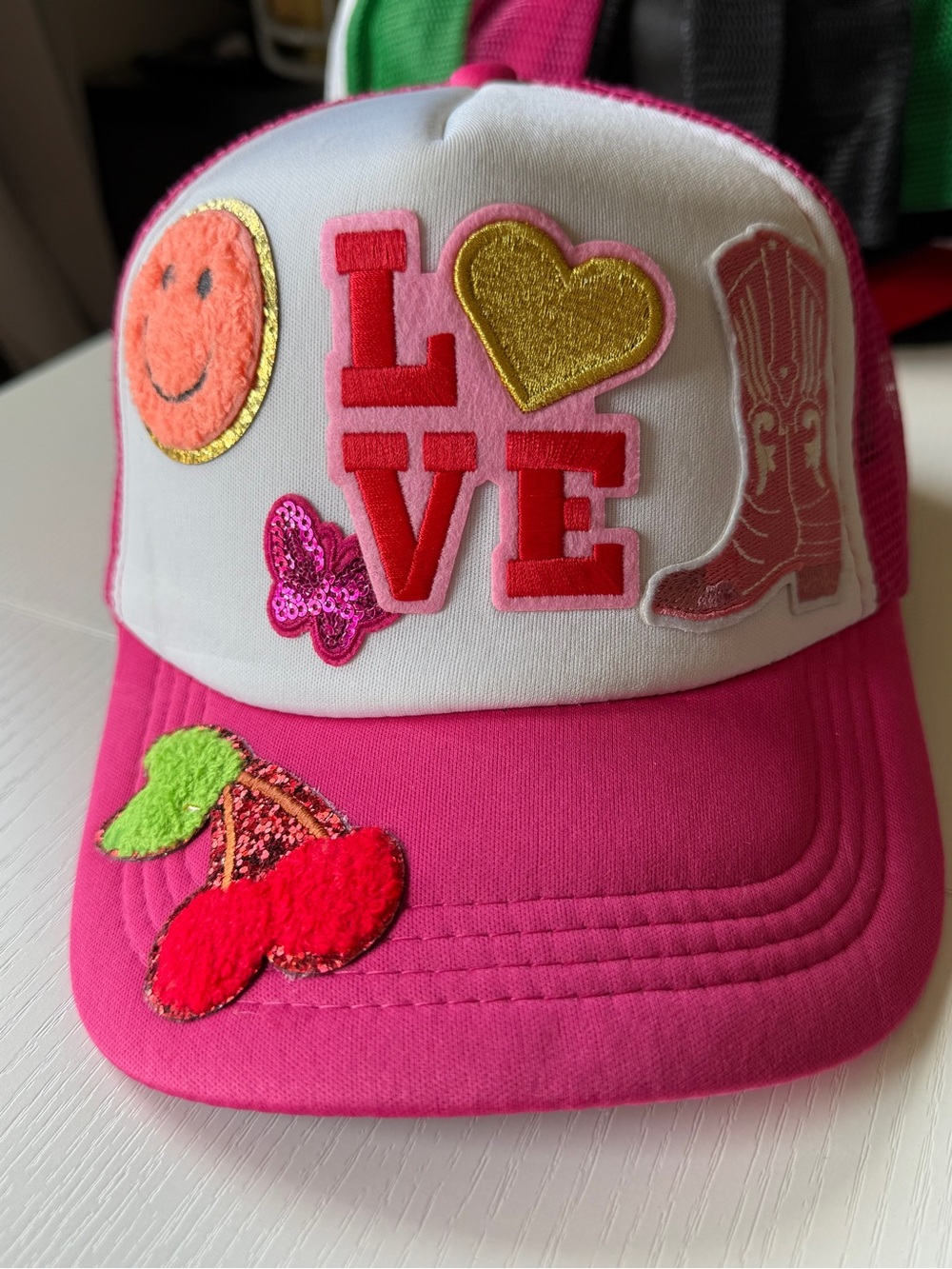 Pink & White Patch Trucker Hat Cap LOVE Design Foam Front Mesh Snap Back OS